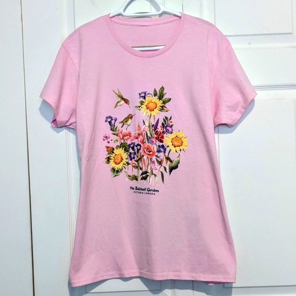 Butchart Gardens T-Shirt - Pink with Flowers and Hummingbirds XL